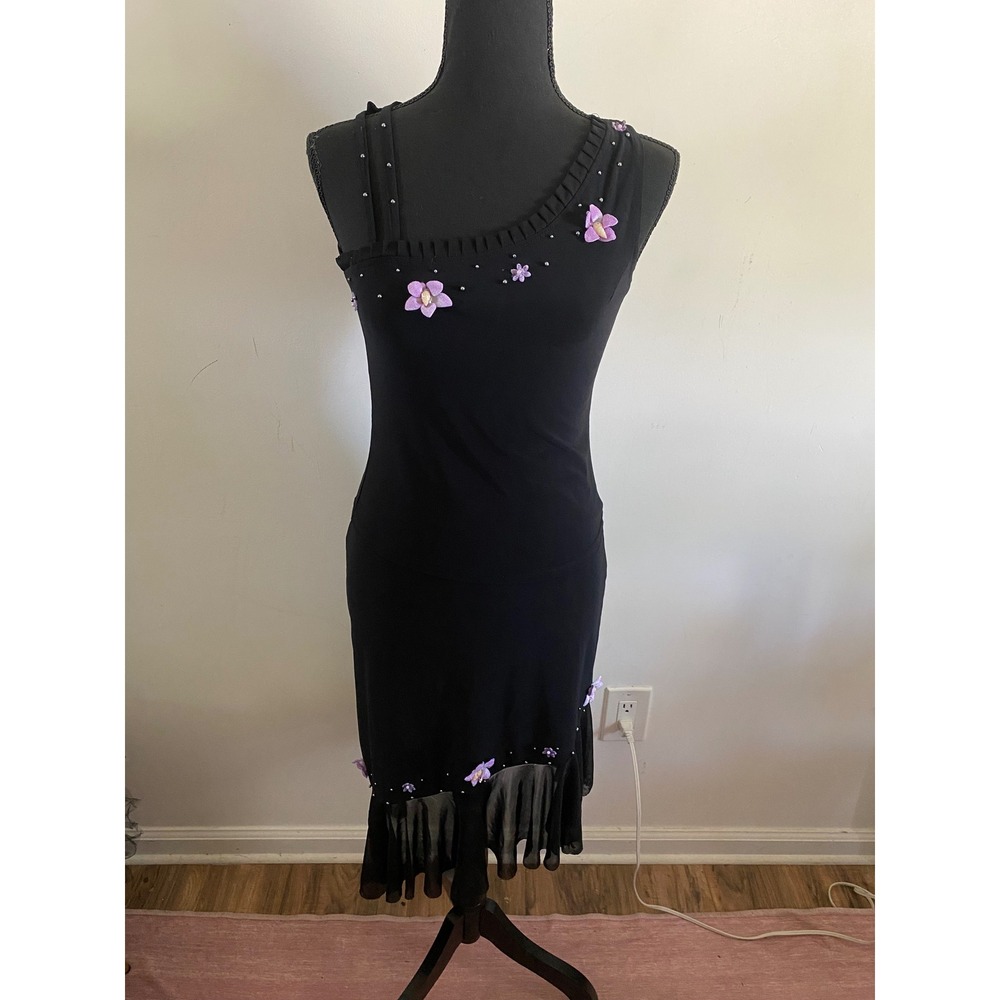 Aura Black Asymmetrical Tank Top 3D Floral Orchid Shell Beaded Sleeveless Y2K